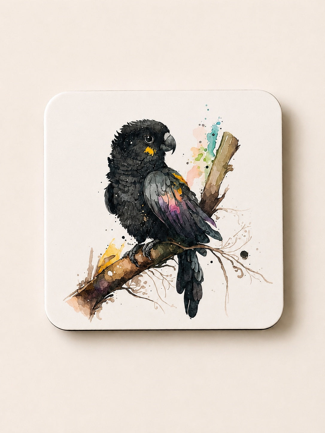 Black cockatoo on a branch, printed coaster