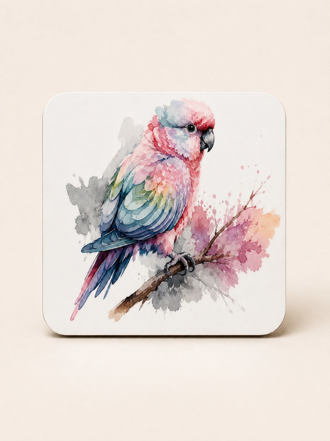Galah on a blossom branch, printed coaster