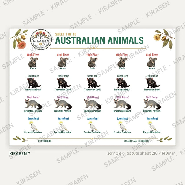 Australian Animals sticker sheet, twenty reward stickers