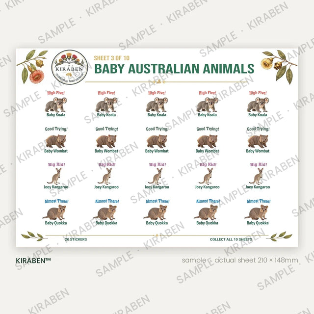 Baby Australian Animals sticker sheet, twenty reward stickers
