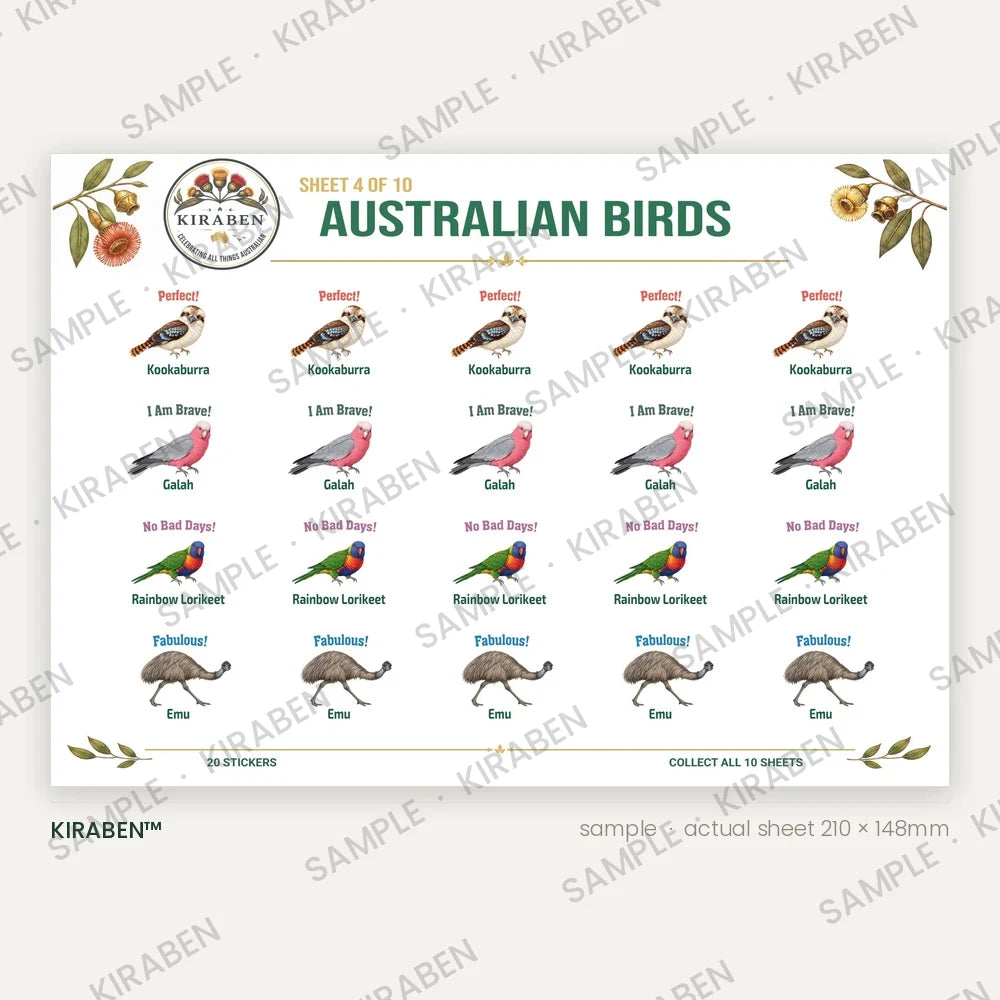 Australian Birds sticker sheet, twenty reward stickers