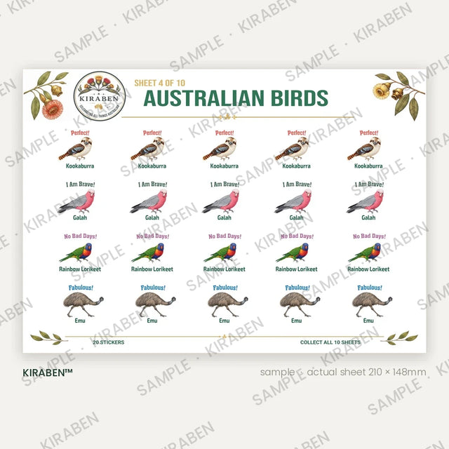 Australian Birds sticker sheet, twenty reward stickers