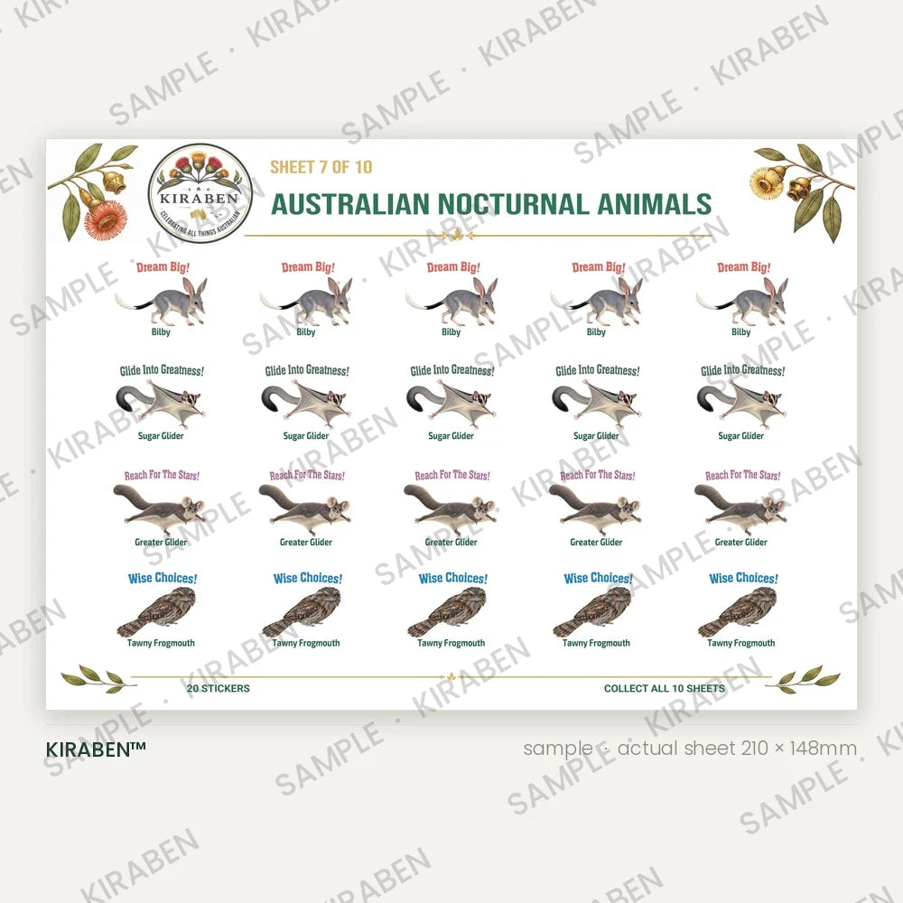 Australian Nocturnal Animals sticker sheet, twenty reward stickers