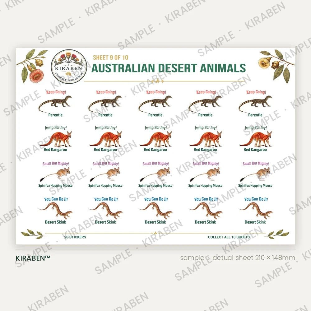 Australian Desert Animals sticker sheet, twenty reward stickers