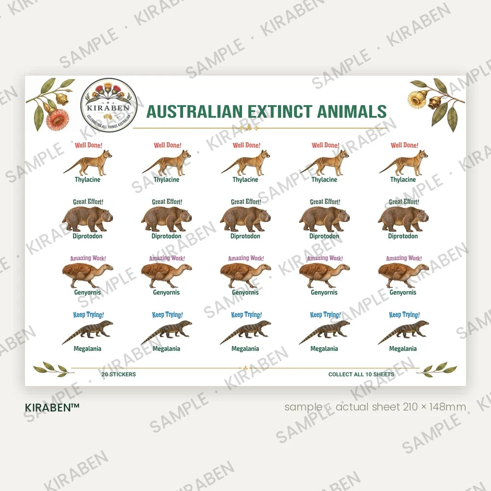 Australian Extinct Animals sticker sheet, twenty reward stickers