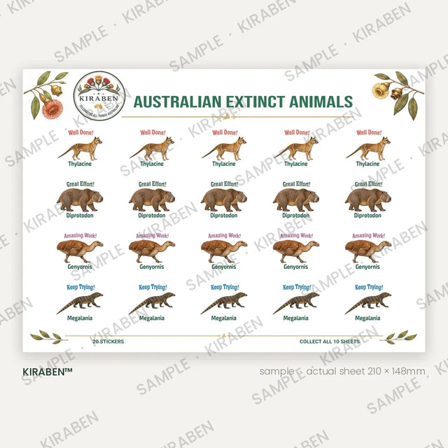 Australian Extinct Animals sticker sheet, twenty reward stickers