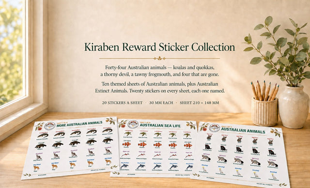 Kiraben Reward Sticker Collection — forty-four Australian animals across eleven sheets