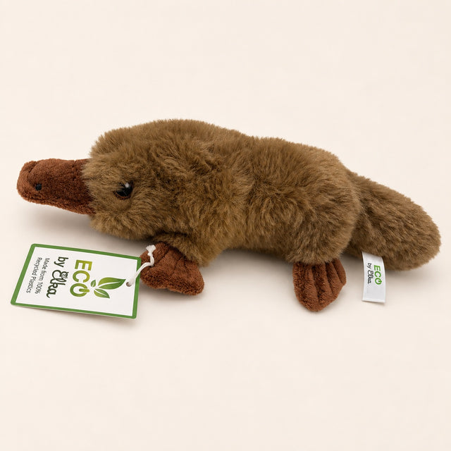 Eco Platypus plush, side profile with the eco hang tag and sewn-in label visible