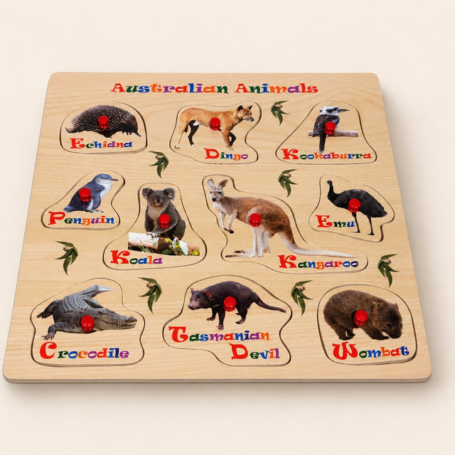 Australian Animals wooden peg puzzle, ten knobbed pieces on a named board