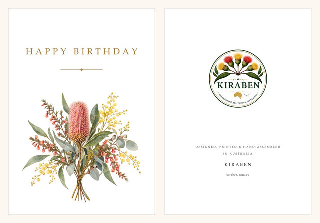 Birthday card with a posy of banksia, wattle and eucalyptus with gum nuts