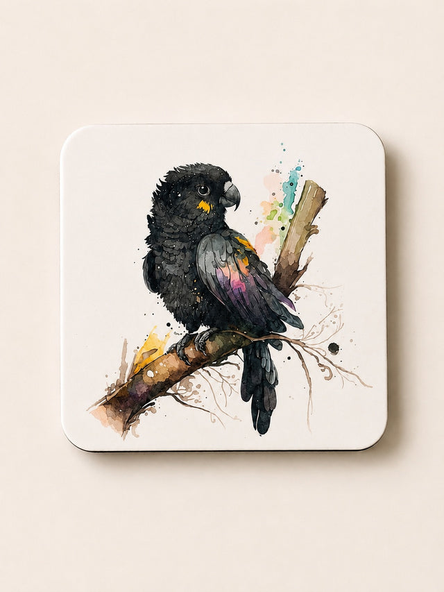 Black cockatoo on a branch, printed coaster