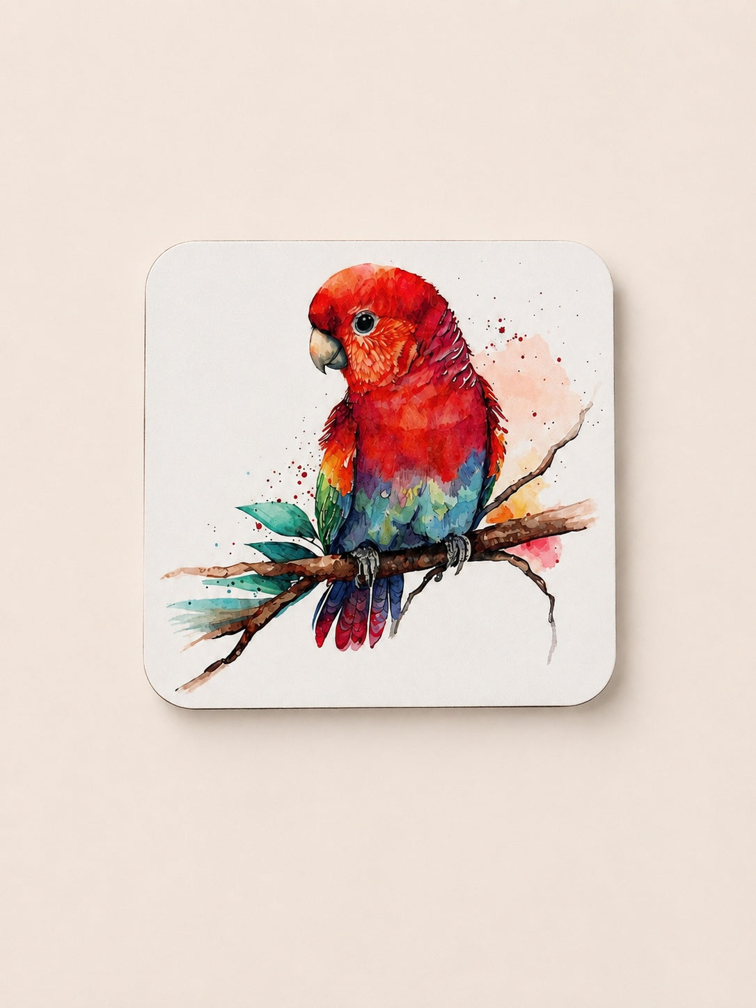 Crimson rosella on a branch, printed coaster