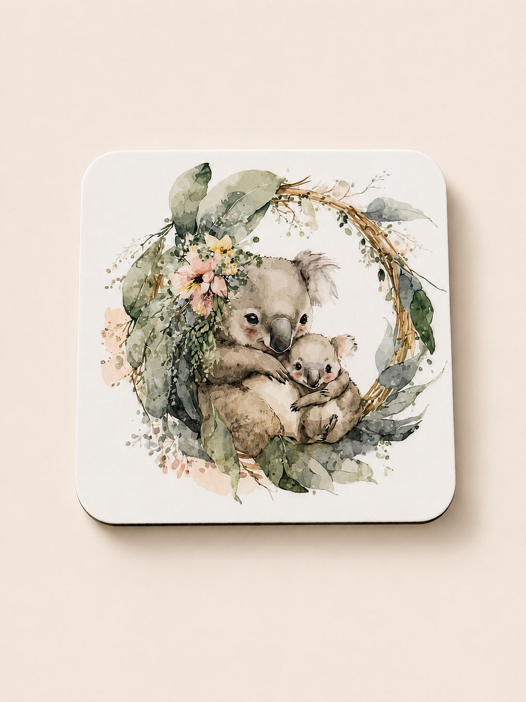 Koala and joey in a eucalyptus wreath, printed coaster