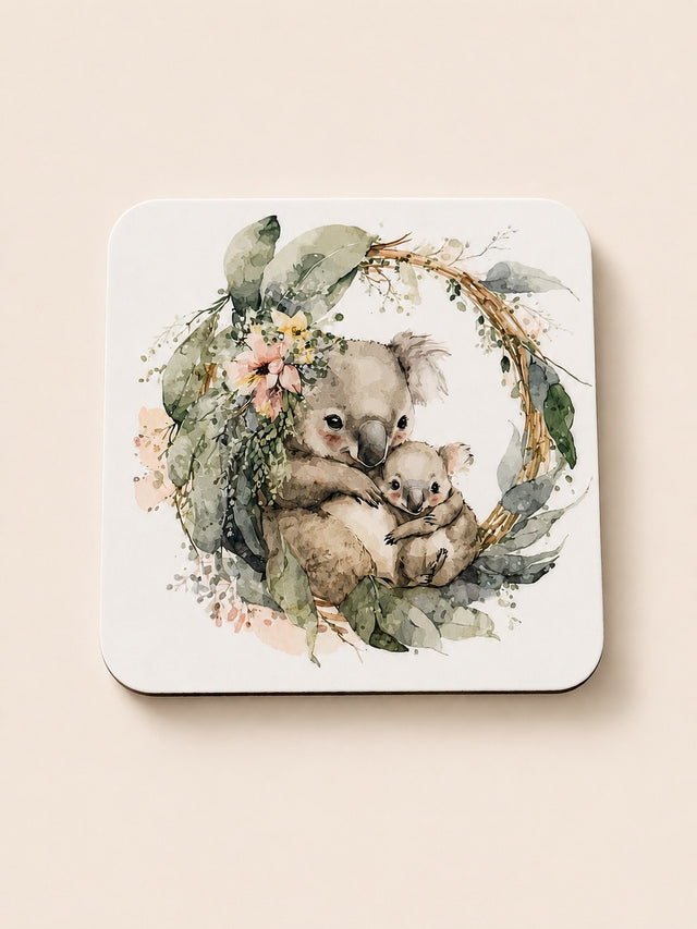 Koala and joey in a eucalyptus wreath, printed coaster