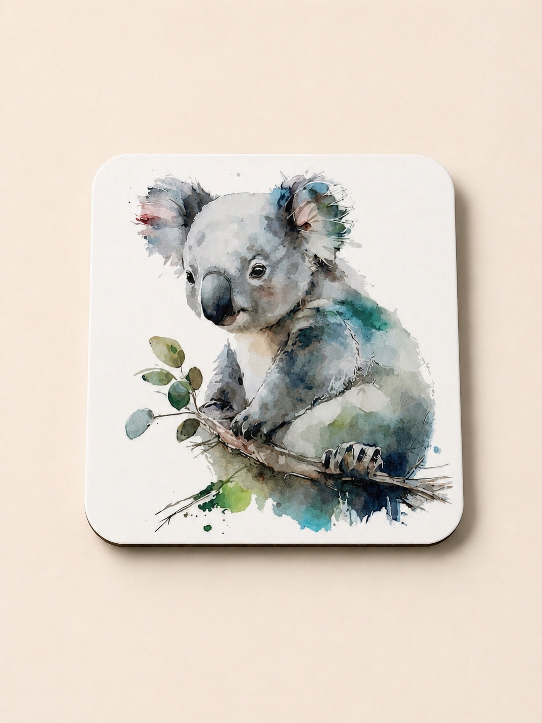 Koala holding a eucalyptus branch, printed coaster