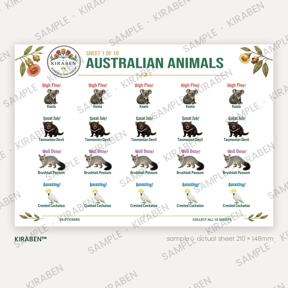 Australian Animals sticker sheet, twenty reward stickers