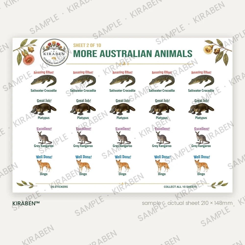 More Australian Animals sticker sheet, twenty reward stickers