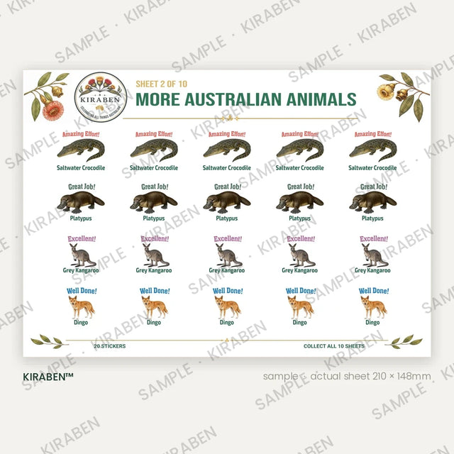 More Australian Animals sticker sheet, twenty reward stickers