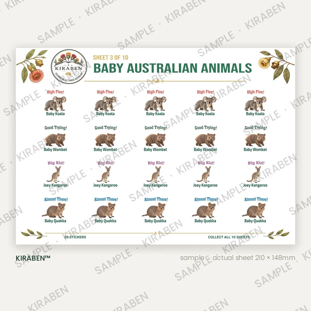 Baby Australian Animals sticker sheet, twenty reward stickers