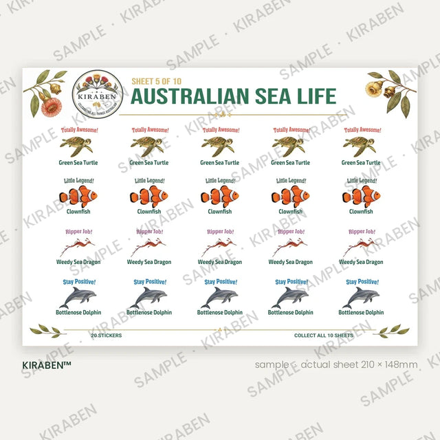 Australian Sea Life sticker sheet, twenty reward stickers