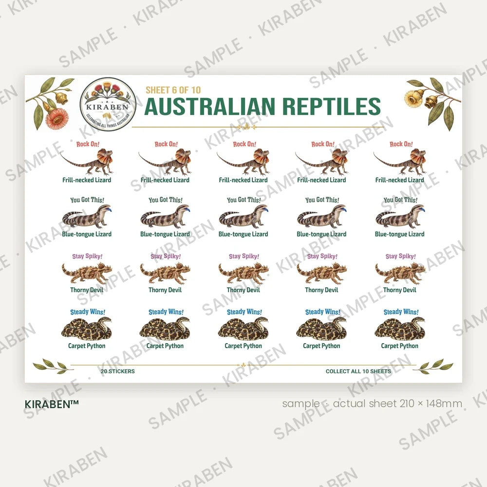 Australian Reptiles sticker sheet, twenty reward stickers