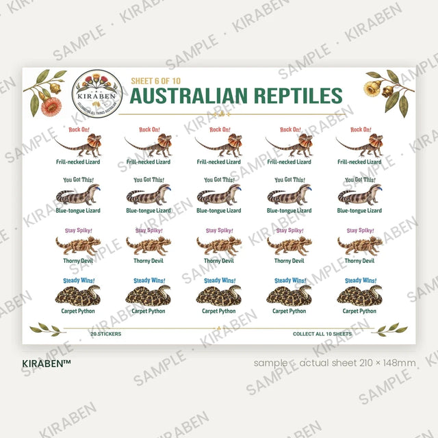 Australian Reptiles sticker sheet, twenty reward stickers