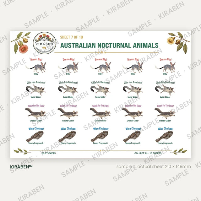 Australian Nocturnal Animals sticker sheet, twenty reward stickers